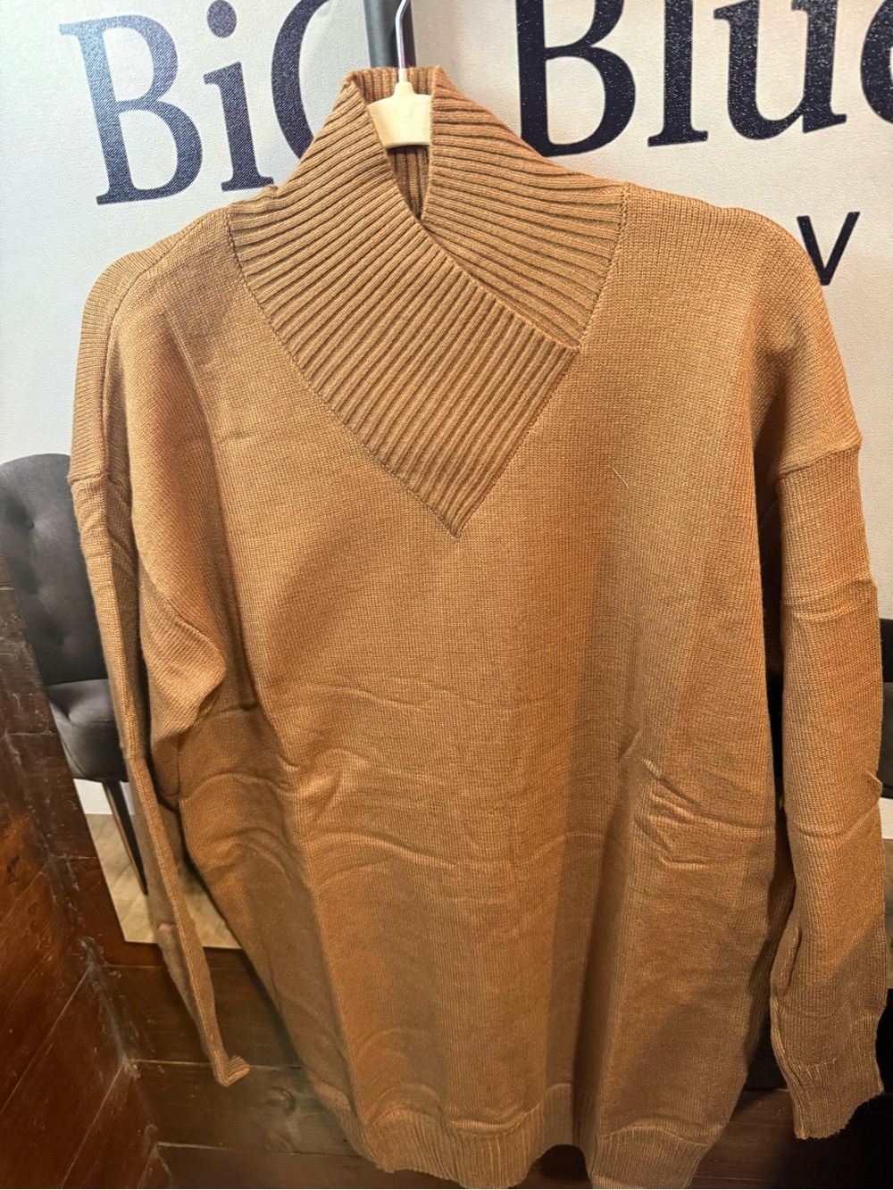 Women’s Tan Knit Pullover Sweater with Ribbed V-Neck